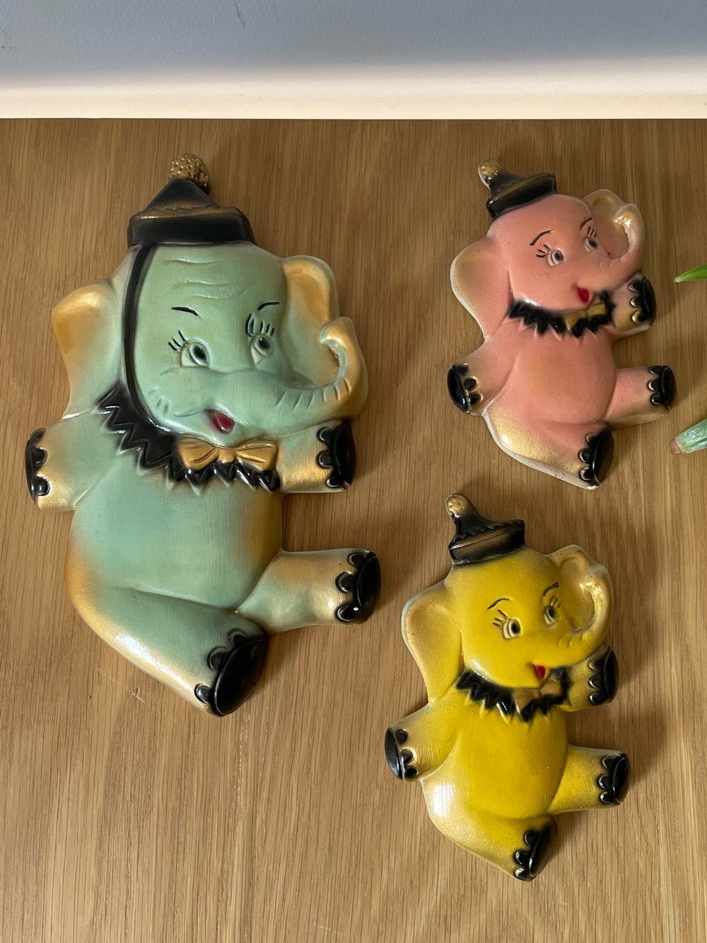 Vintage MCM Chalkware Elephant Wall Plaques Set of 3 Mint, Pink & Yellow 1950s
